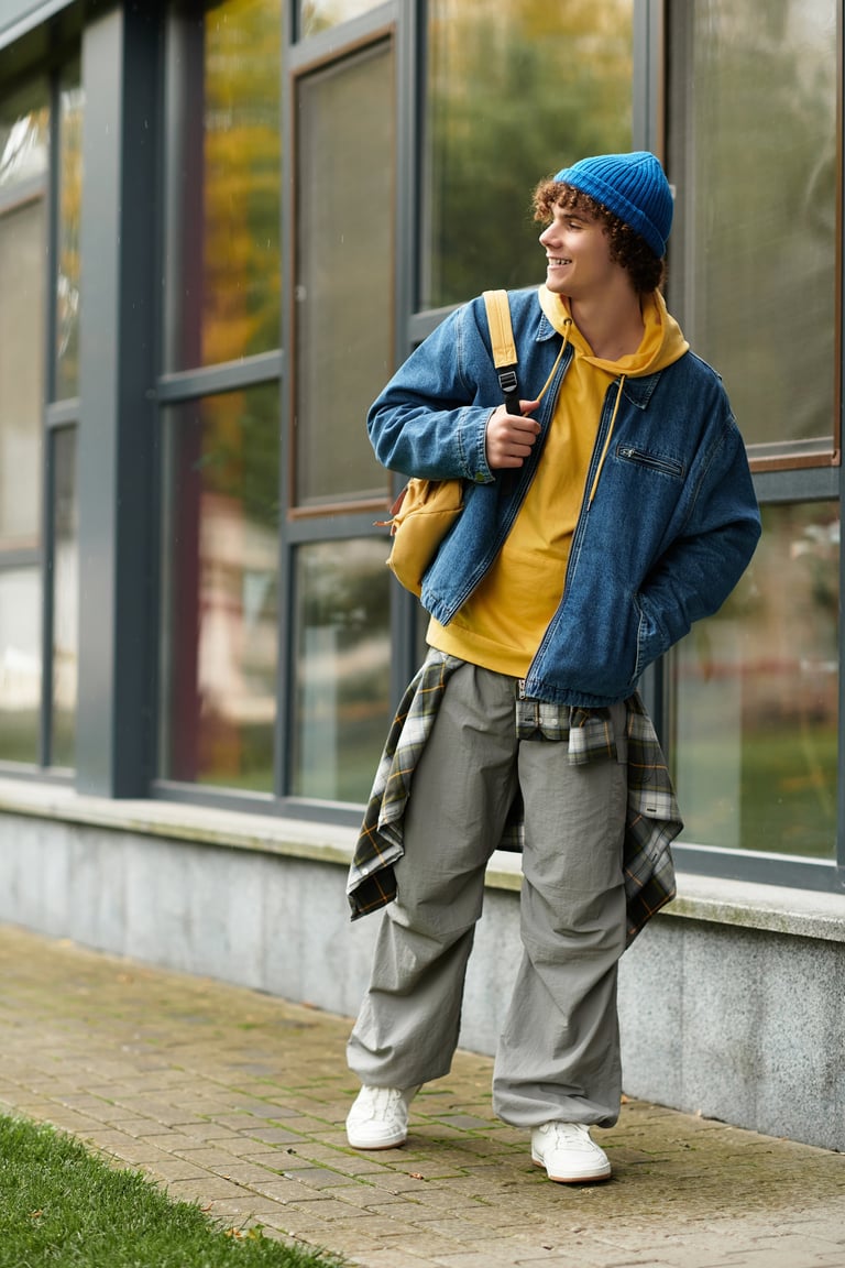 Curly-haired teenager outdoors wearing a beanie and denim jacket on a spring day