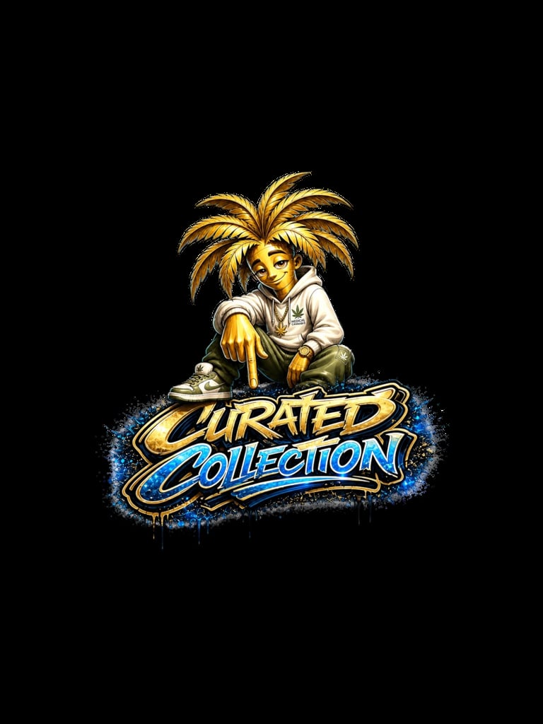 Cartoon character with spiky blonde hair sitting on Curated Collection logo text on black background