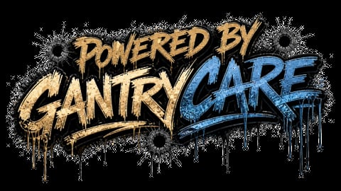 Powered by Gantry Care logo with gold and blue text and black paint splash design