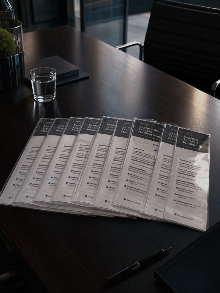 Multiple printed documents fanned out on a black desk with a glass of water and pen