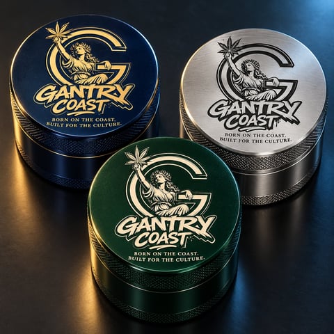 Three Gantry Coast branded grinders in blue, silver, and green with logo and tagline on dark graphite background