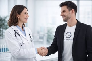 Female doctor in white coat with stethoscope shaking hands with male business professional in modern office setting