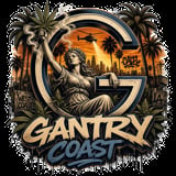 Gantry Coast logo featuring a large G with a classical statue, palm trees, sunset skyline, and helicopter in the background