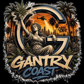 Gantry Coast logo featuring a large G with a classical statue, palm trees, sunset skyline, and helicopter in the background