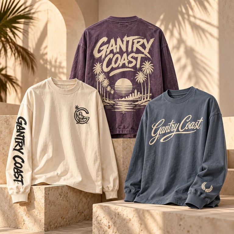 Three Gantry Coast branded sweatshirts displayed on beige platforms with tropical palm leaf shadows in background