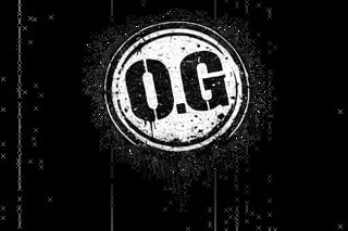 Distressed white circular stamp with O.G. text on black background with grunge texture