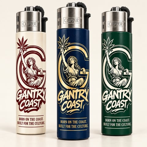 Three Gantry Coast lighters in different colors: burgundy, navy blue, and forest green, each with a goddess emblem and tagline Born on the Coast, Built for the Culture