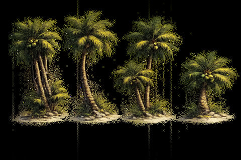 Five palm trees with golden-green fronds and brown trunks standing on sandy ground against a black background