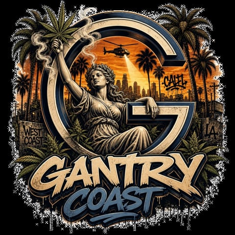 Gantry Coast logo with classical statue in large G, palm trees, sunset cityscape, and helicopter silhouette
