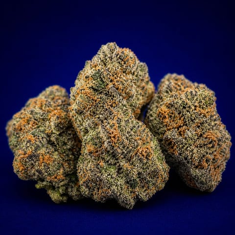 Close-up of cannabis flower buds with dense trichomes against a dark blue background