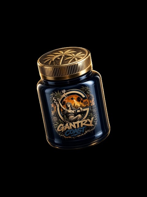 Dark blue glass jar with gold leaf logo and ornate gold metal screw-top lid on black background