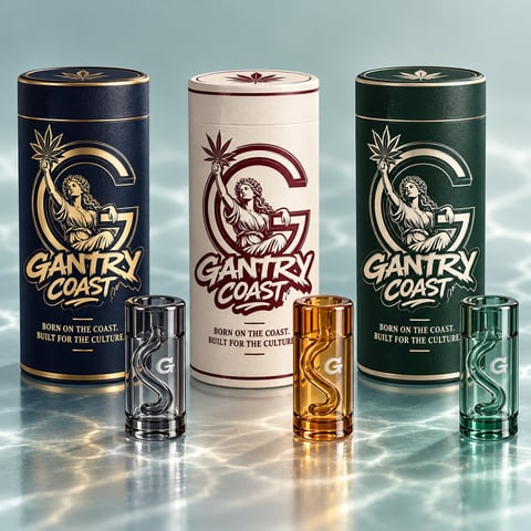 Three Gantry Coast branded glass filter canisters in navy, cream, and green with matching shot glasses on a reflective surface