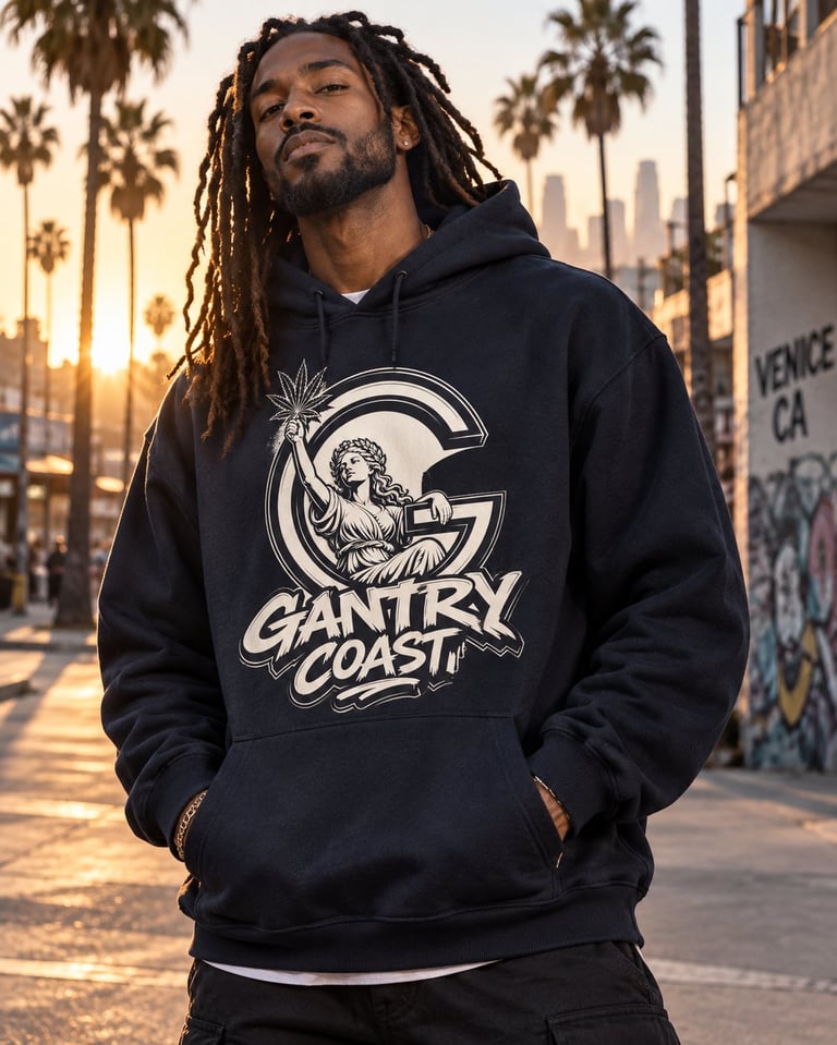 Man with dreadlocks wearing black Gantry Coast hoodie posing outdoors at sunset with palm trees and city skyline in background