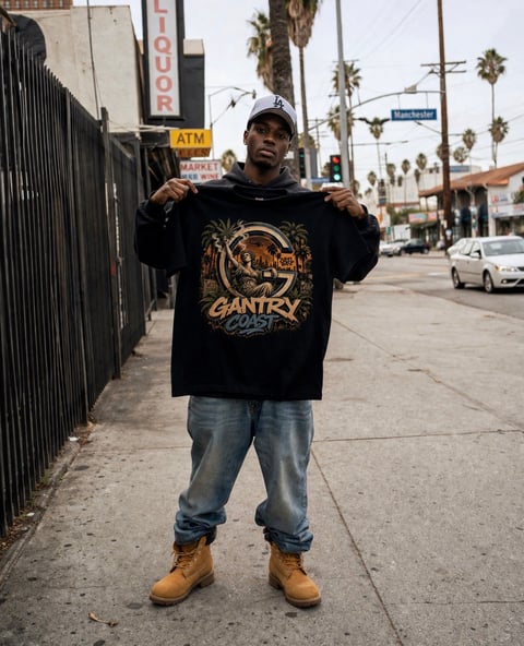 Man holding oversized black graphic t-shirt on urban street with palm trees and storefronts in background