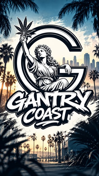 Gantry Coast logo featuring a large G with a classical female statue holding cannabis leaf, palm trees, and cityscape background