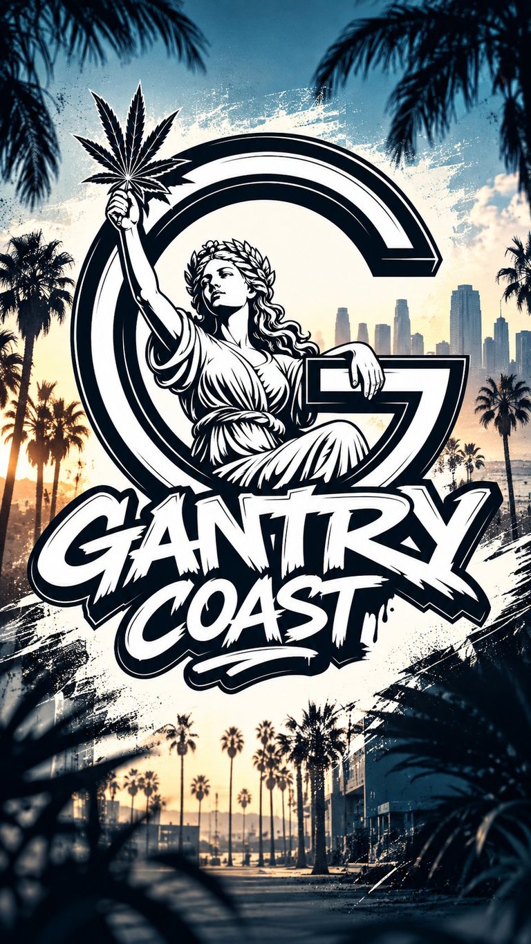 Gantry Coast logo featuring a large G with a classical female statue holding cannabis leaf, palm trees, and cityscape background