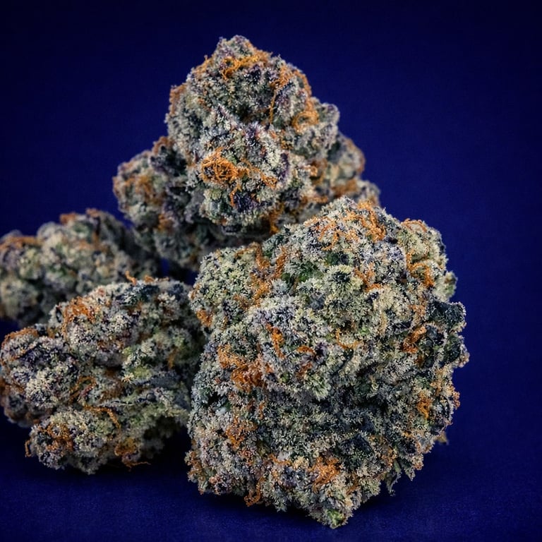 Close-up of cannabis buds covered in trichomes against a dark blue background