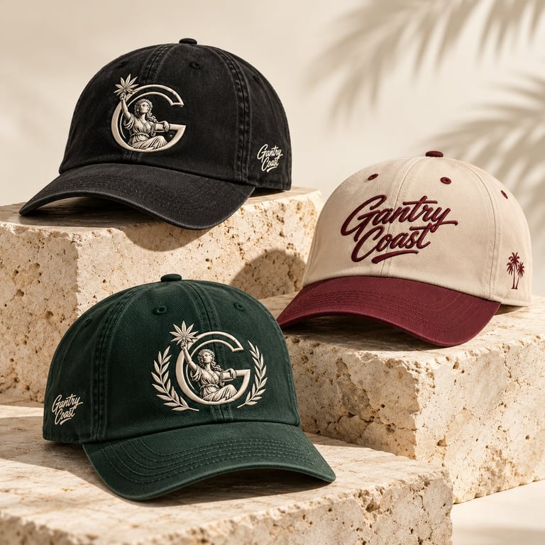 Three branded baseball caps displayed on stone blocks: black with moon logo, cream with burgundy bill and script text, and dark green with moon and laurel design
